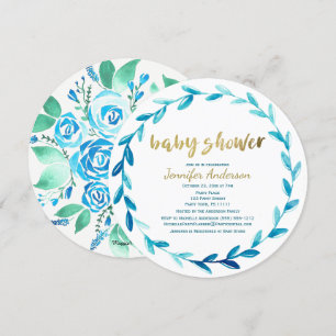 Convites Chá de fraldas de Aquarela Floral Azul Elegante