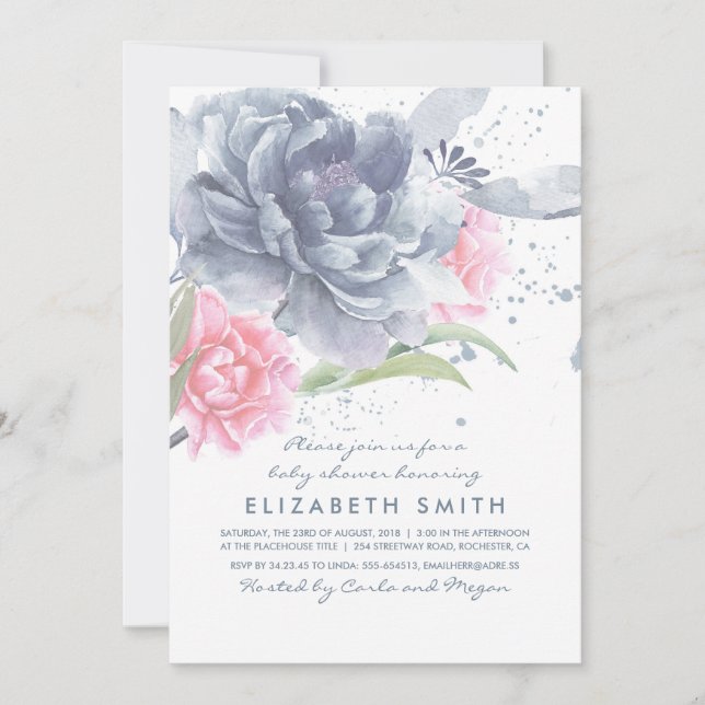 Convites Chá de fraldas de Aquarela Floral Cor-de-Rosa Azul (Frente)