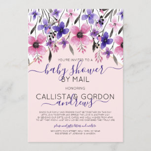 Convites Chá de fraldas de Aquarela Floral Rosa Púrpura por