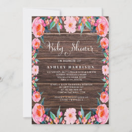 Convites Chá de fraldas de Aquarela Floral Rosa-Rosa-Madeir