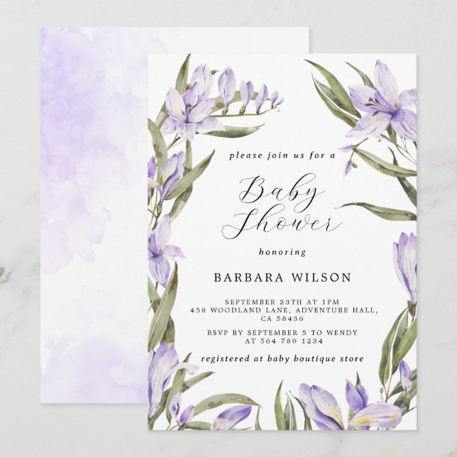 Convites Chá de fraldas de Aquarela Floral Roxo (Frente/Verso)