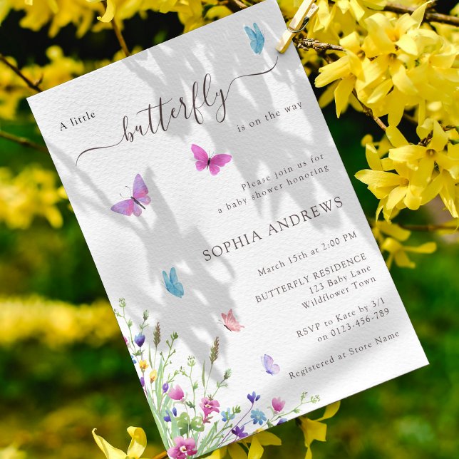 Convites Chá de fraldas de Aquarela Puro-Rosa-Borboleta (Criador carregado)
