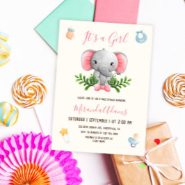 Convites Chá de fraldas de Aquarela Rosa-Elefante