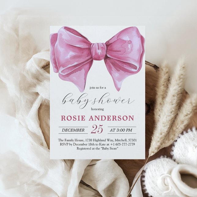 Convites Chá de fraldas de Aquarela Rosa Girassol (Girly Pink Watercolor Bow Baby Shower Invitation)