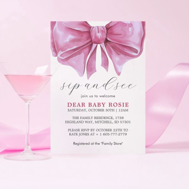 Convites Chá de fraldas de aquarela rosa giro e Arco (Girly Pink Watercolor Bow Baby Shower Sip and See Invitation)