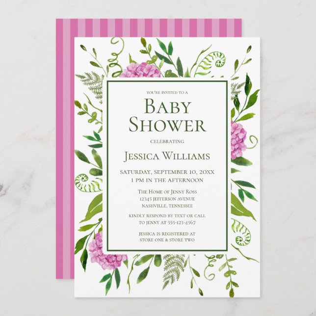 Convites Chá de fraldas de Aquarela Rosa Hydrangeas Floral (Frente/Verso)