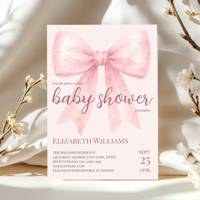 Convites Chá de fraldas de Aquarela rosa - mínimo (Minimalistic coquette Theme pink bow baby shower  invitation)