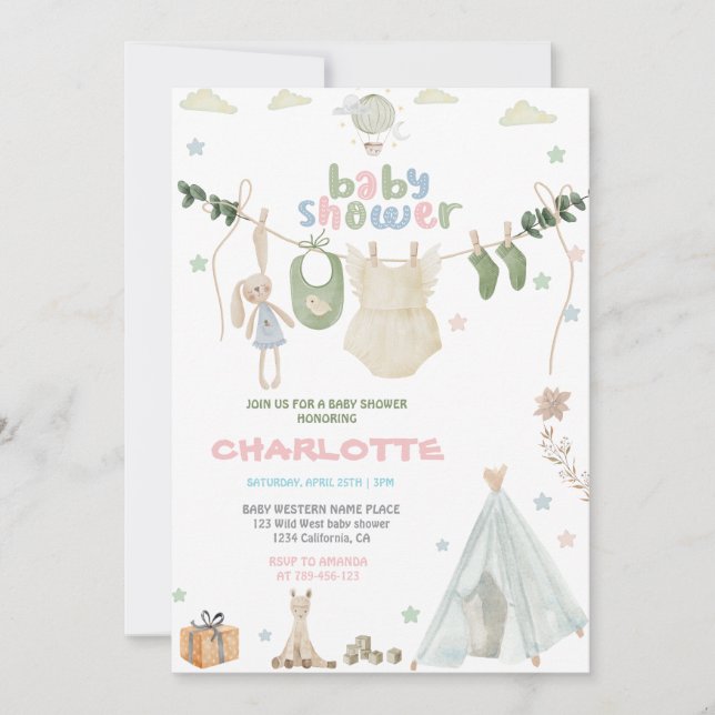 Convites Chá de fraldas de Aquarela Verde, Azul e Rosa (Frente)