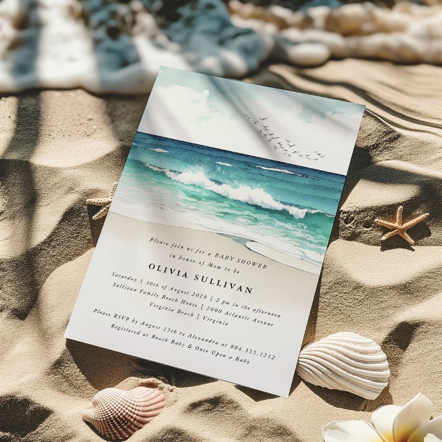Convites Chá de fraldas de Aquarelas do Mar de Praia Costei (Coastal Beach Sea Sand Watercolor Baby Shower Invitation )