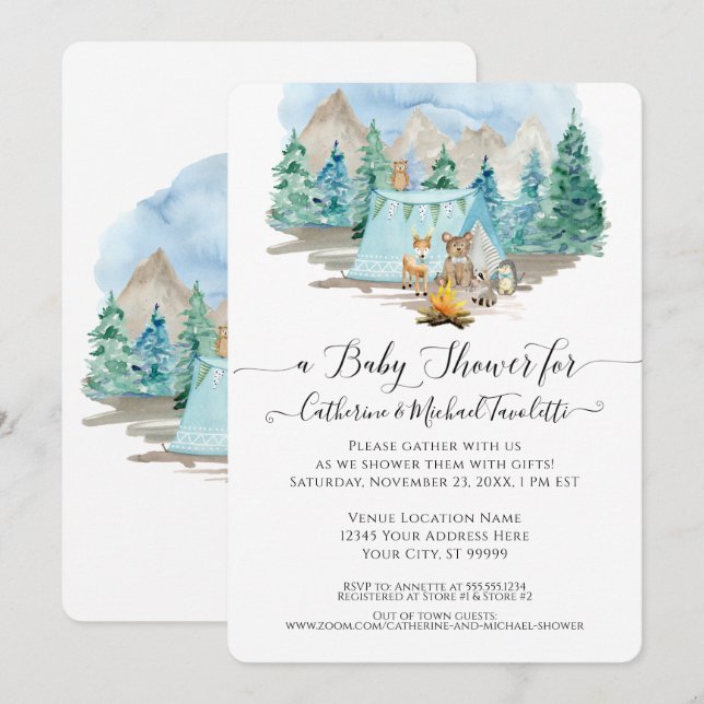 Convites Chá de fraldas de Aquarelas do Urso do Urso (Frente/Verso)