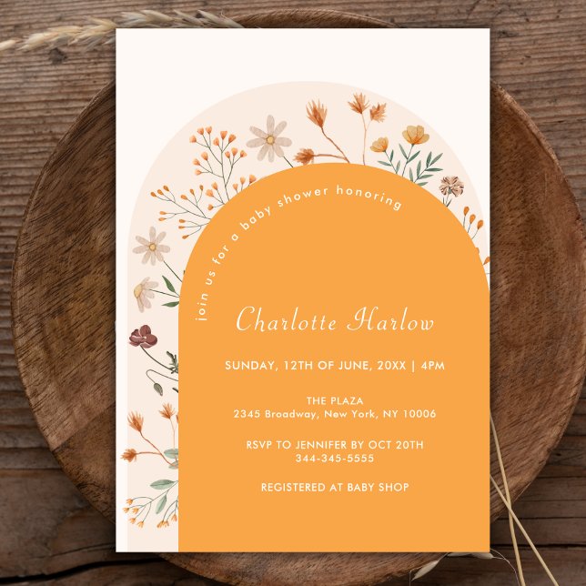 Convites Chá de fraldas de Aranha de Flor Selvagem de Queda (Minimalist Fall Boho Wildflower Arch Baby Shower Invitation)
