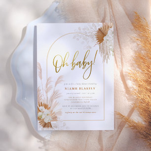 Convites Chá de fraldas de Arca Floral Dourada Boho Pampas 
