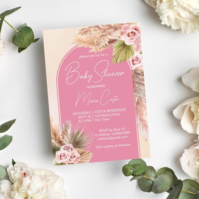 Convites Chá de fraldas de arca rosa-boho-do-pasto-pampas (Boho pink pampas grass roses modern arch baby shower invitation template instant download)