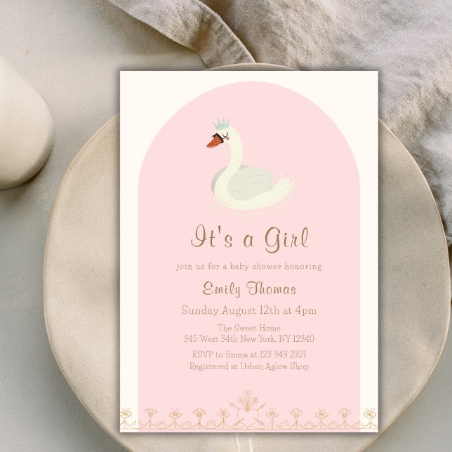 Convites Chá de fraldas de Arca Swan, Princesa Elegante Ros (Pink Elegant Princess Swan Arch Baby Shower Invitation)