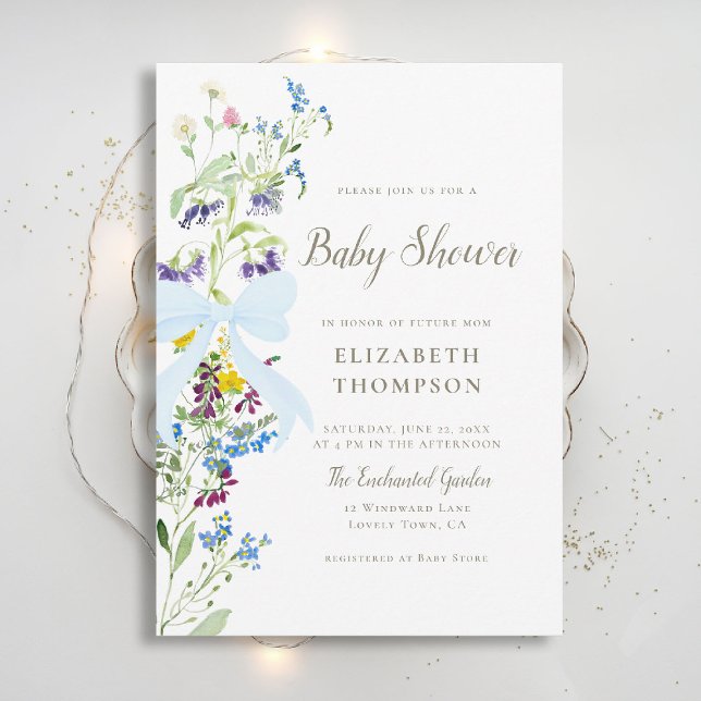 Convites Chá de fraldas de Arco Azul de Flores Moles (wildflowers baby shower invitation blue bow elegant garden party colorful happy watercolor rustic)
