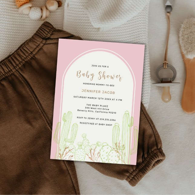 Convites Chá de fraldas de Arco Boho Cactus, Minúsculo e Ro (Dusty Pink Minimalist Boho Cactus Arch Baby Shower Invitation)