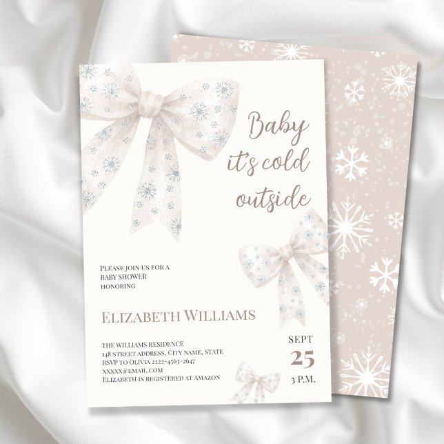 Convites Chá de fraldas de Arco de Aquarela Branca (Winter Baby Shower Invitation | Baby It’s Cold Outside Theme with beige neutral Snowflake Bows)