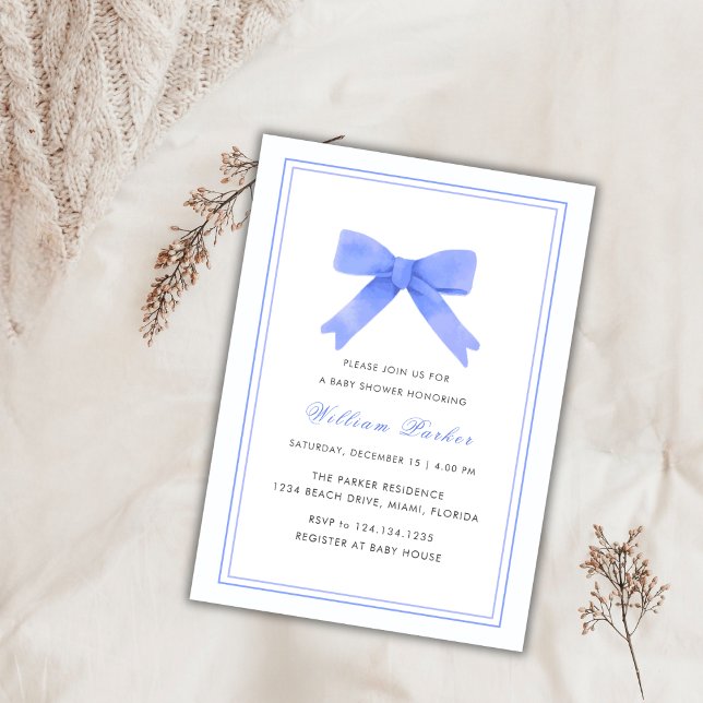 Convites Chá de fraldas de Arco de Aquarela Simples (Simple Blue Watercolor Bow Boy Baby Shower Invitation)