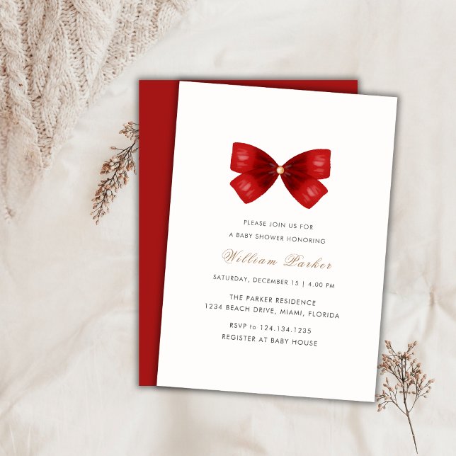 Convites Chá de fraldas de Arco de Aquarela Simples Vermelh (Red Simple Watercolor Bow Baby Shower Invitation)