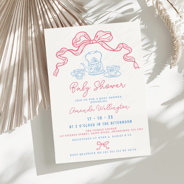 Convites Chá de fraldas De Arco De Chá Desenhado À Mão (Bow Tea Whimsical Baby Shower Invitation, Hand Drawn Illustration Baby Shower Invitation, Pink Blue)