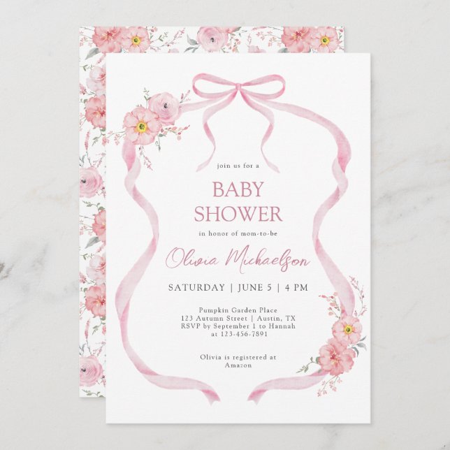 Convites Chá de fraldas de Arco de Fita Floral Rosa (Frente/Verso)