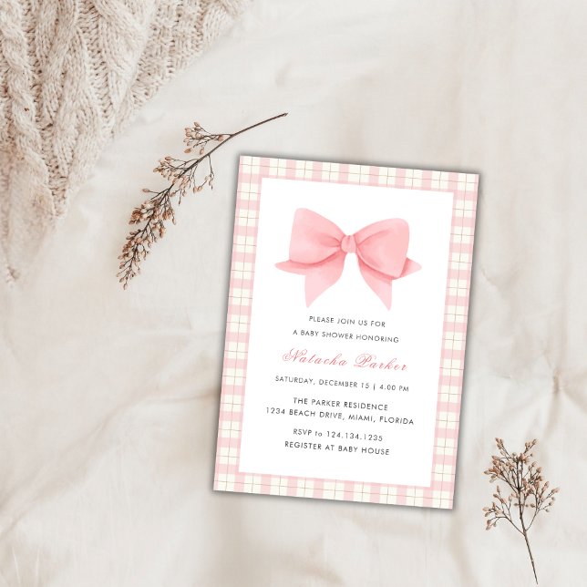 Convites Chá de fraldas de Arco de Gingham, rosa-branca, (Cute Pink Gingham Plaid Bow Girl Baby Shower Invitation)
