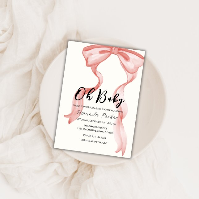 Convites Chá de fraldas de Arco Elegante Moderno Rosa (Pink Modern Elegant Bow Girl Baby Shower Invitation)