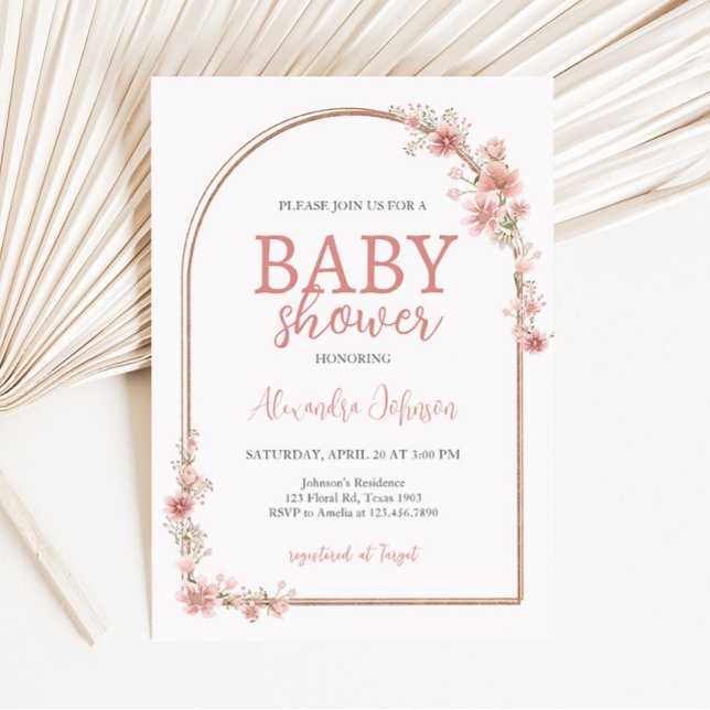 Convites Chá de fraldas de Arco Floral Rosa Esbranquiçado (Pink Flowers Arch Baby Shower Invitation)