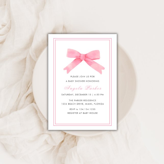 Convites Chá de fraldas de Arco Mínimo Rosa Simples (Pink Simple Minimalist Bow Girl Baby Shower Invitation)