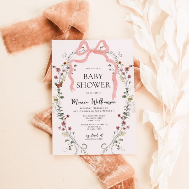 Convites Chá de fraldas de Arco Rosa Selvagem (Pink Bow Girls Baby Shower Invite)