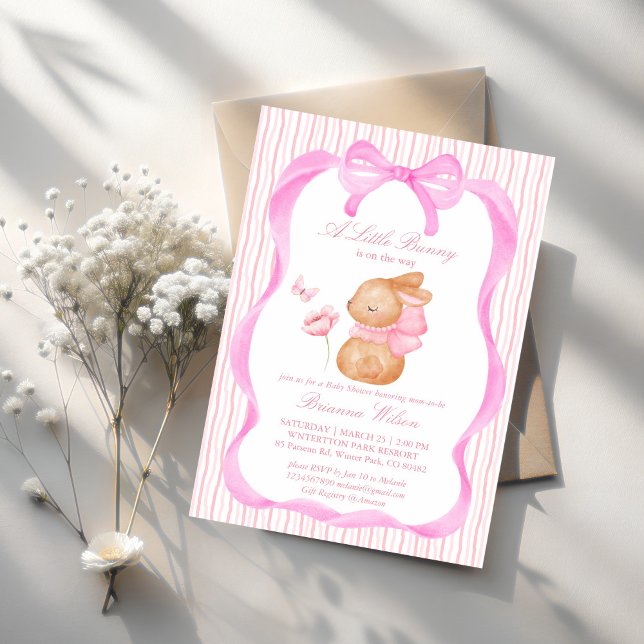Convites Chá de fraldas de arco rosado Bunny (Cute Bunny pink bow border girls baby shower invitation template instant download)
