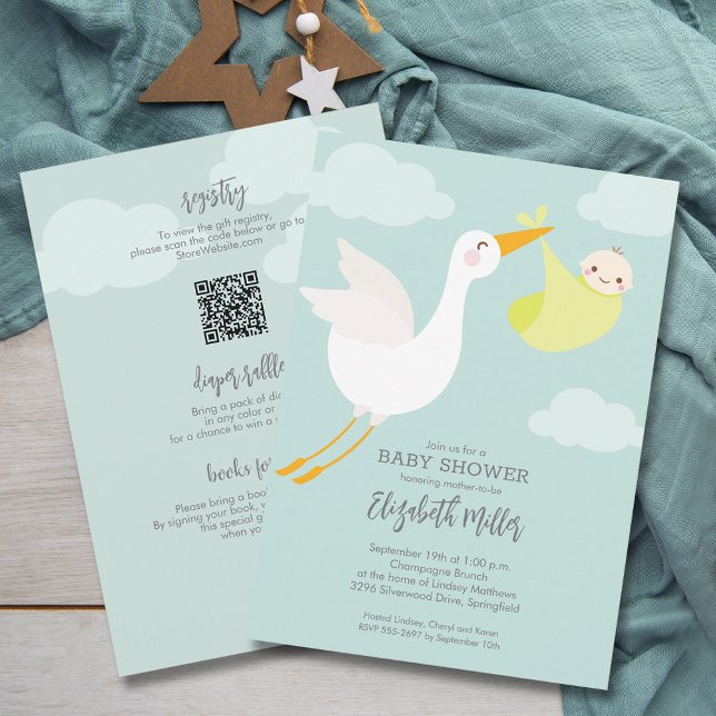 Convites Chá de fraldas de Armazenamento de Pacote Amarelo- (Cute Yellow Bundle Stork Baby Shower All In One Invitations, registry QR Code & more on the back)