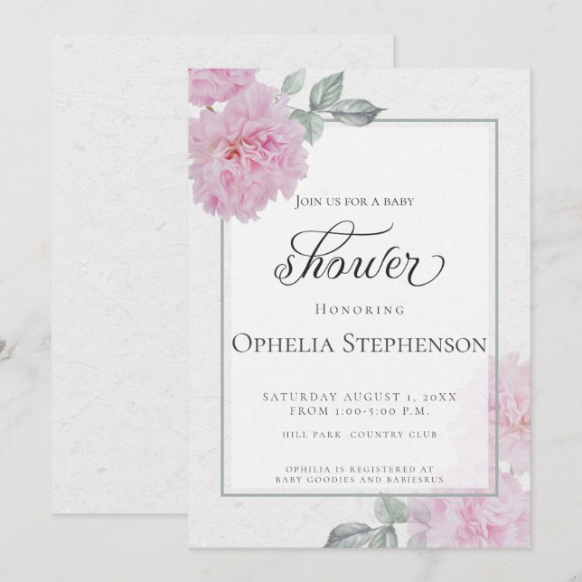 Convites Chá de fraldas de Arroz Rosa Romântico (Frente/Verso)