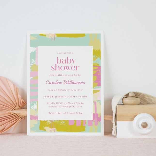 Convites Chá de fraldas de arte azul-Abstrato, cor-de-rosa, (Criador carregado)