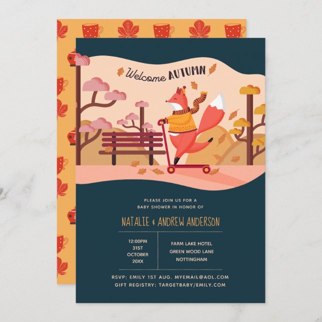 Convites Chá de fraldas de Arte Folclórica de Autumn Cozy F (Frente/Verso)
