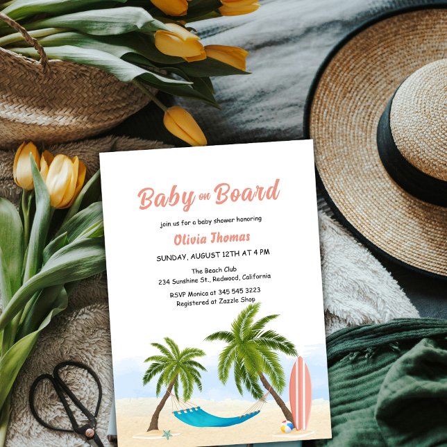 Convites Chá de fraldas De Árvore Do Surf Da Praia Do Conse (Baby On Board Beach Surf Palm Tree Baby Shower Invitation)