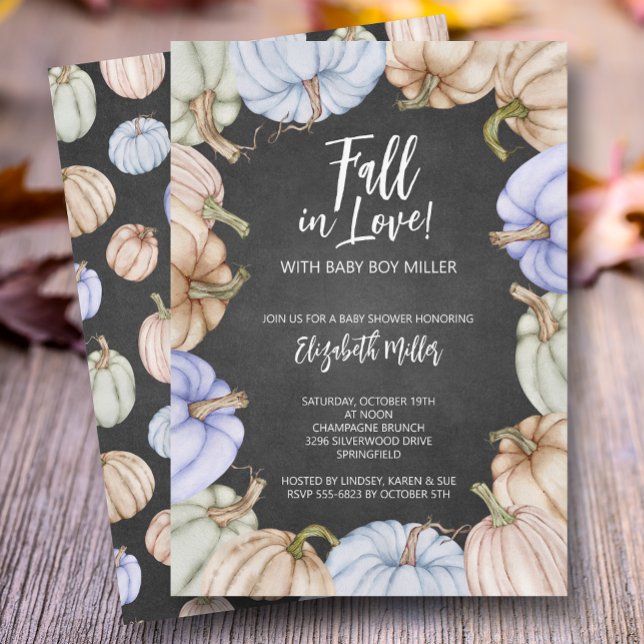 Convites Chá de fraldas de Autumn Pumpkins (Blue pumpkins boy baby shower invitations, INSTANT DOWNLOAD and/or PRINTED)