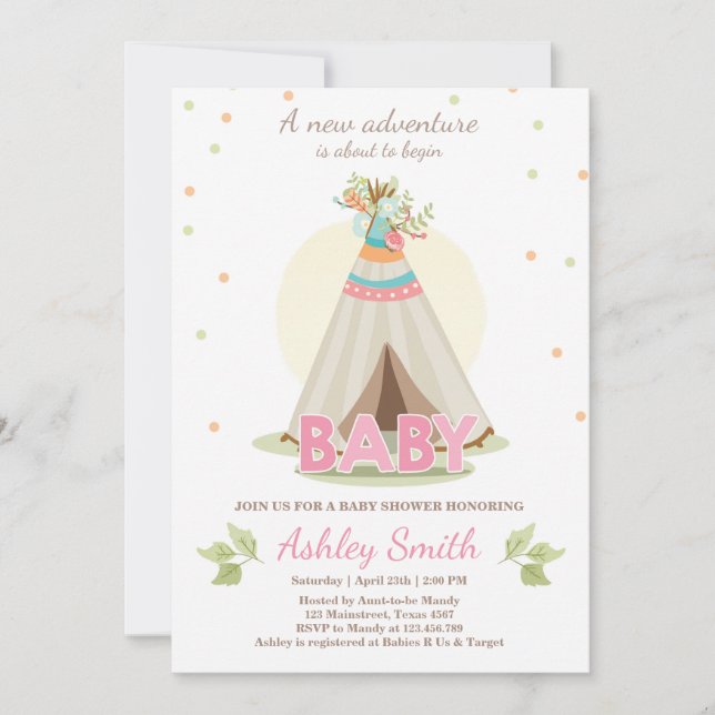 Convites Chá de fraldas de aventura - Garota Teepee Boho (Frente)