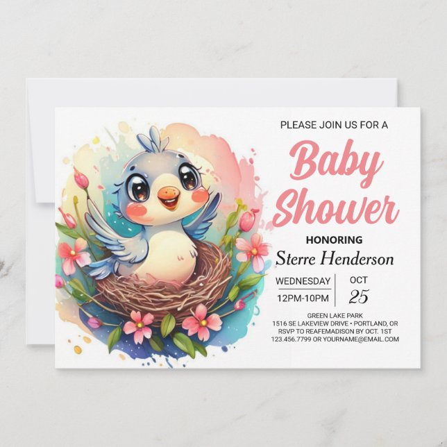Convites Chá de fraldas de aves boho Woodland Encantado (Frente)
