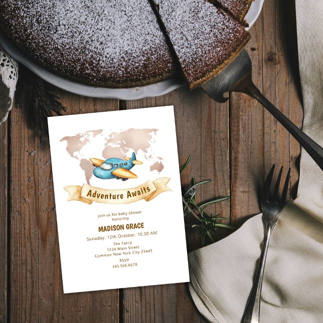 Convites Chá de fraldas de Avião do Mapa Mundial de Aventur (Modern Adventure World Map Airplane Baby Shower Invitation)