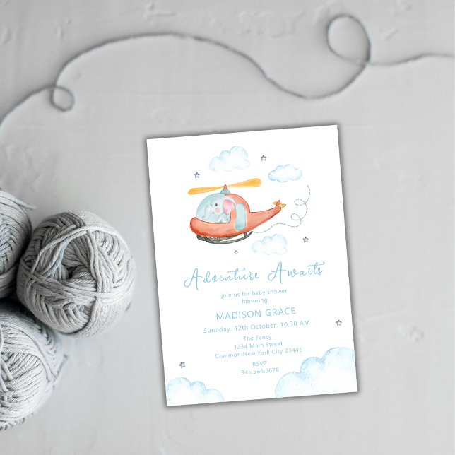 Convites Chá de fraldas de avião Helicóptero com Elefante A (Cute Blue Elephant Helicopter Airplane Baby Shower Invitation)