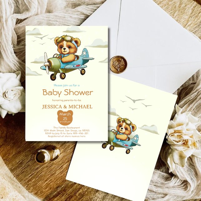 Convites Chá de fraldas de avião-piloto Teddy Bear Tiny (Teddy Bear Tiny Pilot Airplane Baby Shower Invitation)