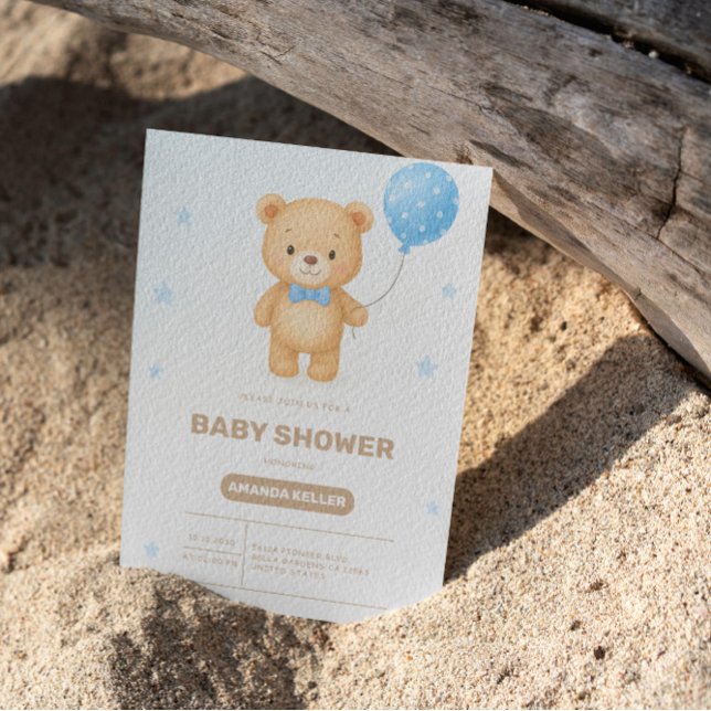 Convites Chá de fraldas de Balão Azul de Urso Bebês Simples (Criador carregado)