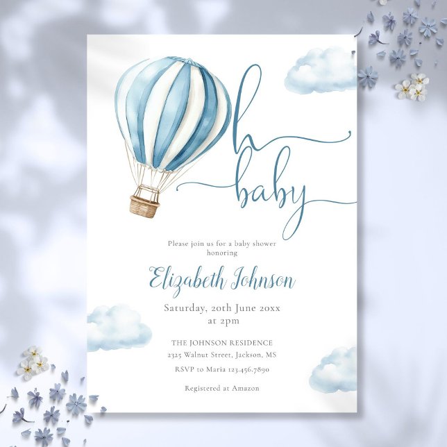 Convites Chá de fraldas de Balão de Ar Quente Azul Baby Boy (Oh Baby Boy Blue Hot Air Balloon Baby Shower Invitation)