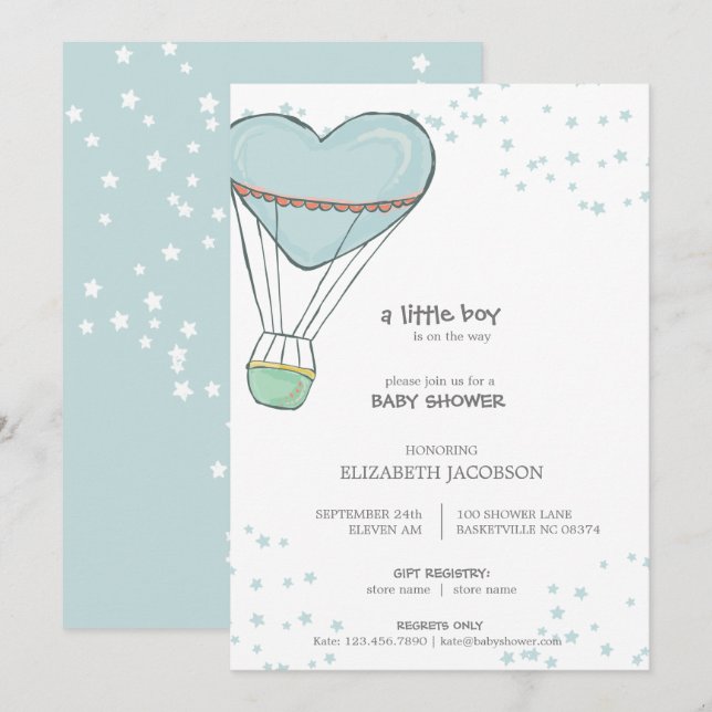 Convites Chá de fraldas de balão de ar quente azul-branco (Frente/Verso)