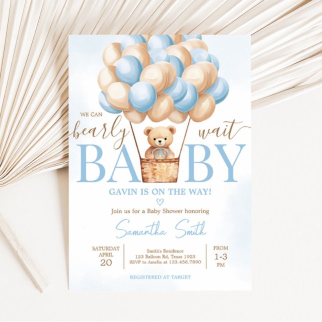 Convites Chá de fraldas de Balão de Ar Quente Azul de Esper (Boy Baby Bear Balloons Baby Shower Invitation)