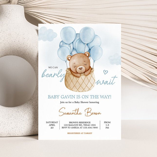 Convites Chá de fraldas de Balão de Ar Quente Azul do Urso  (Boy We Can Bearly Wait Baby Shower Invitation)