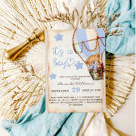 Convites Chá de fraldas de Balão de Ar Quente Azul do Urso