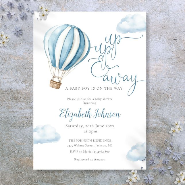 Convites Chá de fraldas De Balão De Ar Quente Azul Para Cim (Up And Away Boy Blue Hot Air Balloon Baby Shower Invitation)
