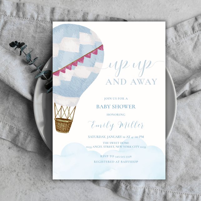 Convites Chá de fraldas de balão de ar quente Boho minimali (Blue Minimalist Boho Hot Air Balloon Baby Shower Invitation)